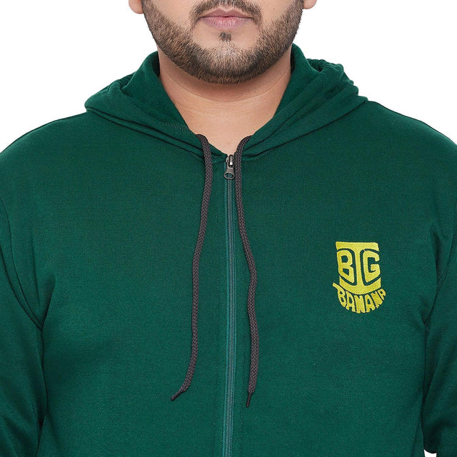 Men's plus size green zip-up hoodie with yellow chest logo and drawstring hood