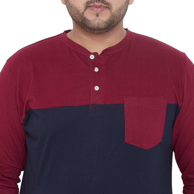 Men's plus size colorblock Henley t-shirt with maroon and navy blue, front pocket