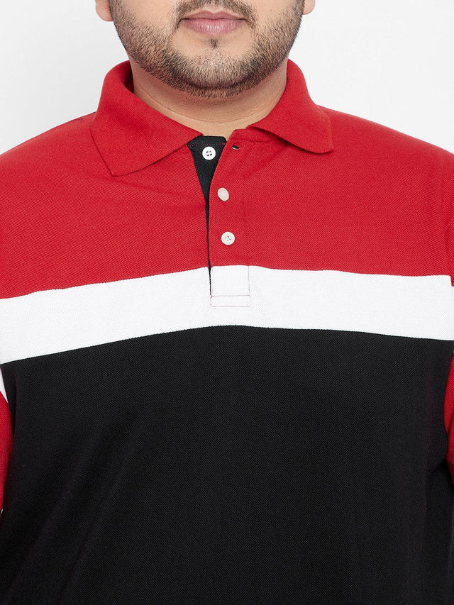 Men's plus size colorblock polo shirt with red collar, white stripe, and black lower half