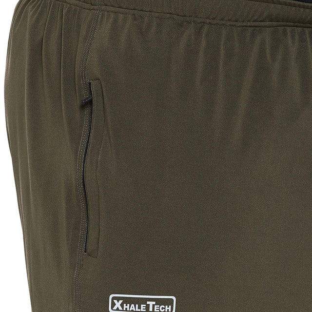 Close up of olive green men's plus size joggers with elastic waistband and side zipper pocket