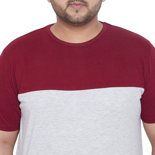 Men's plus size colorblock t-shirt in maroon and light grey, crew neck, short sleeves