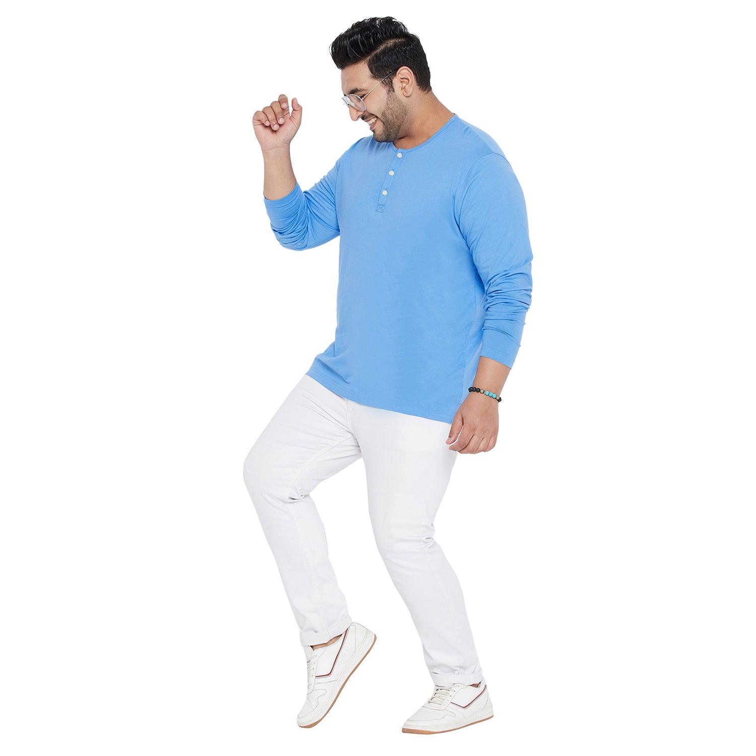 Men Plus Size Bloom Blue Solid Henley Tshirt - bigbanana