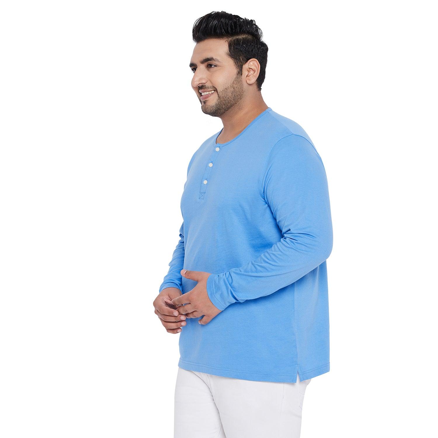 Men Plus Size Bloom Blue Solid Henley Tshirt - bigbanana