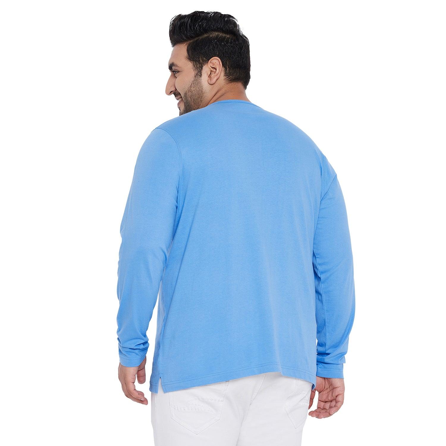 Men Plus Size Bloom Blue Solid Henley Tshirt - bigbanana