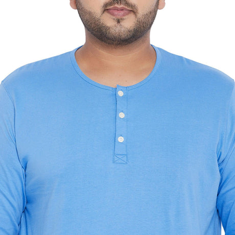 Men Plus Size Bloom Blue Solid Henley Tshirt - bigbanana