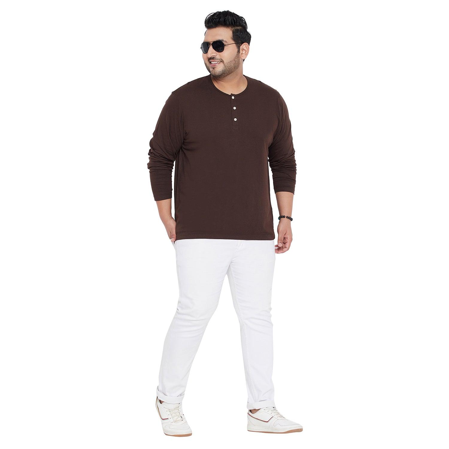 Men Plus Size Bloom Brown Solid Henley Tshirt - bigbanana