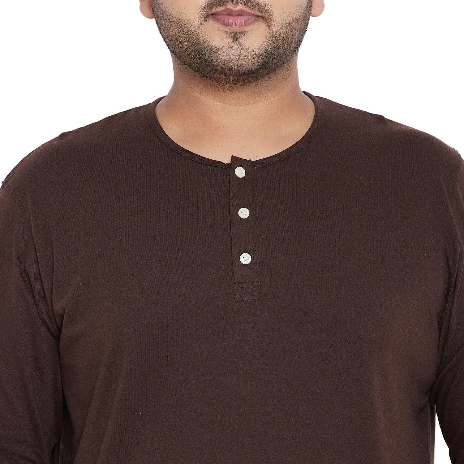 Men Plus Size Bloom Brown Solid Henley Tshirt - bigbanana