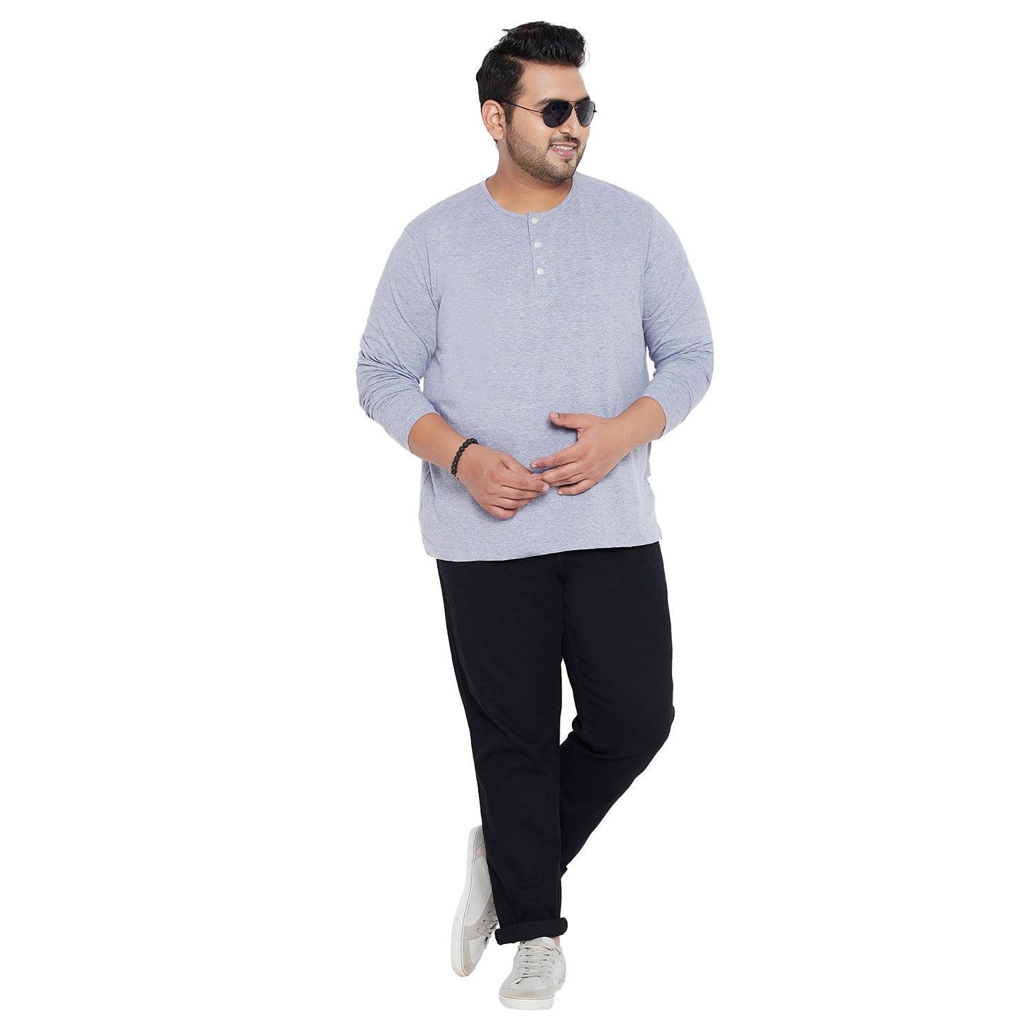 Men Plus Size Bloom Grey Solid Henley Tshirt - bigbanana