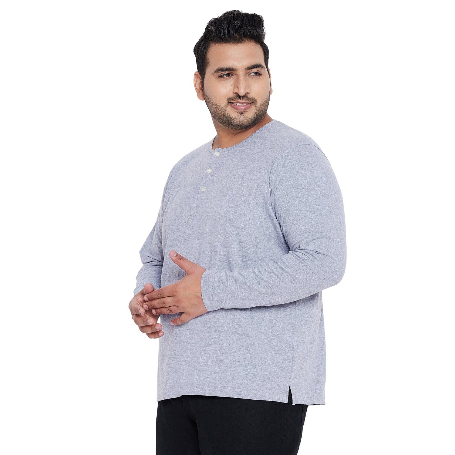 Men Plus Size Bloom Grey Solid Henley Tshirt - bigbanana