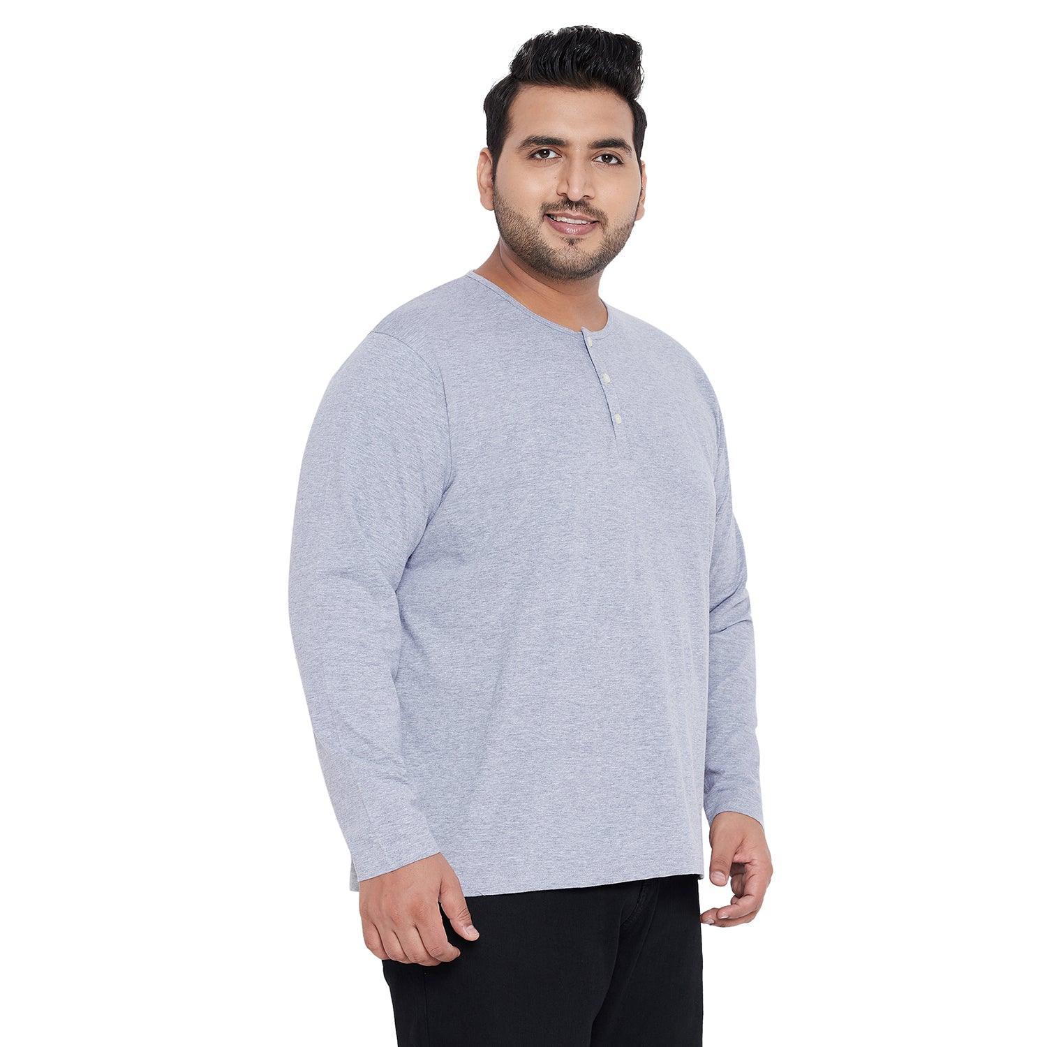 Men Plus Size Bloom Grey Solid Henley Tshirt - bigbanana