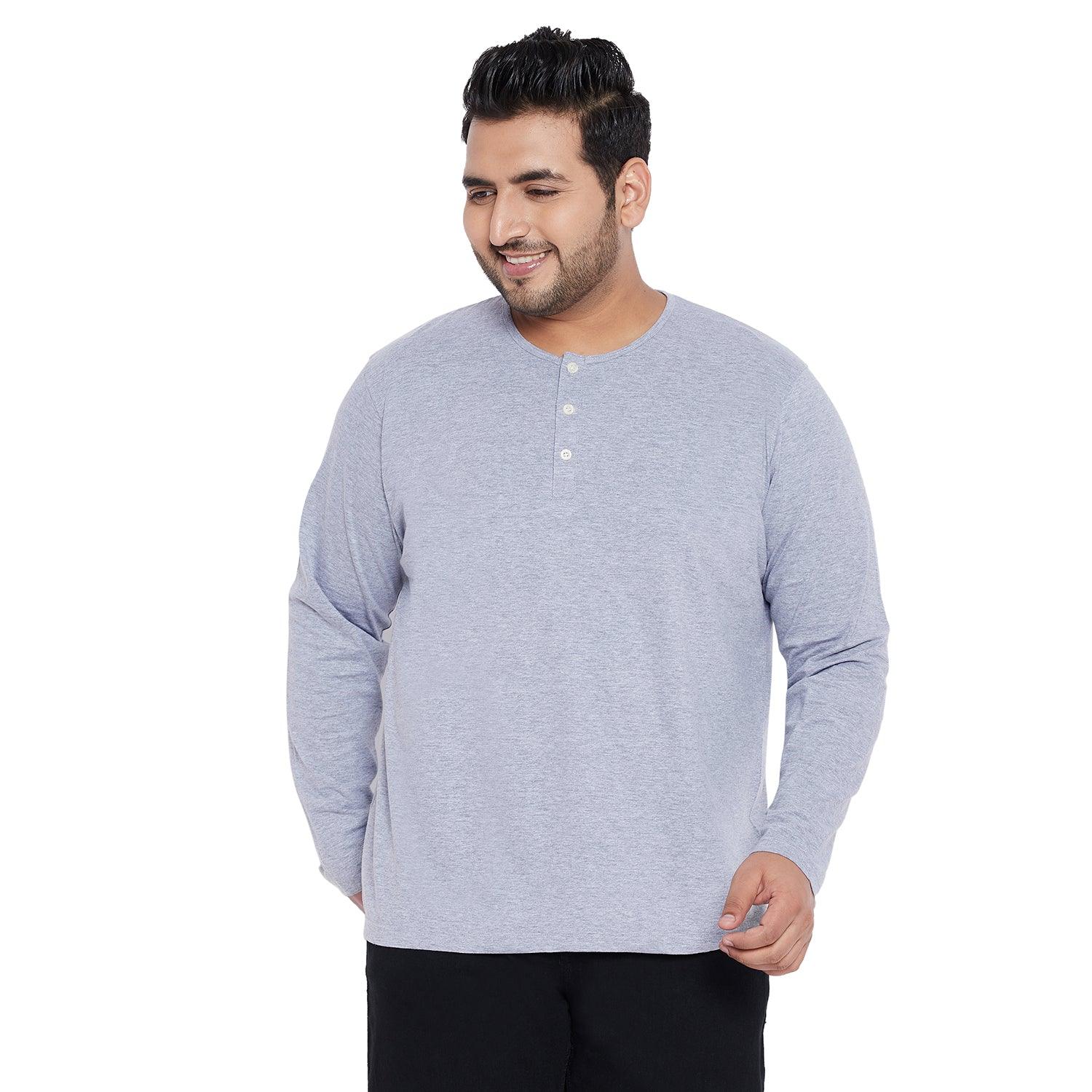 Men Plus Size Bloom Grey Solid Henley Tshirt - bigbanana