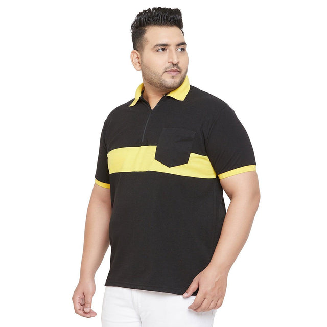 Plus size man wearing black and yellow half-sleeve polo t-shirt with chest pocket