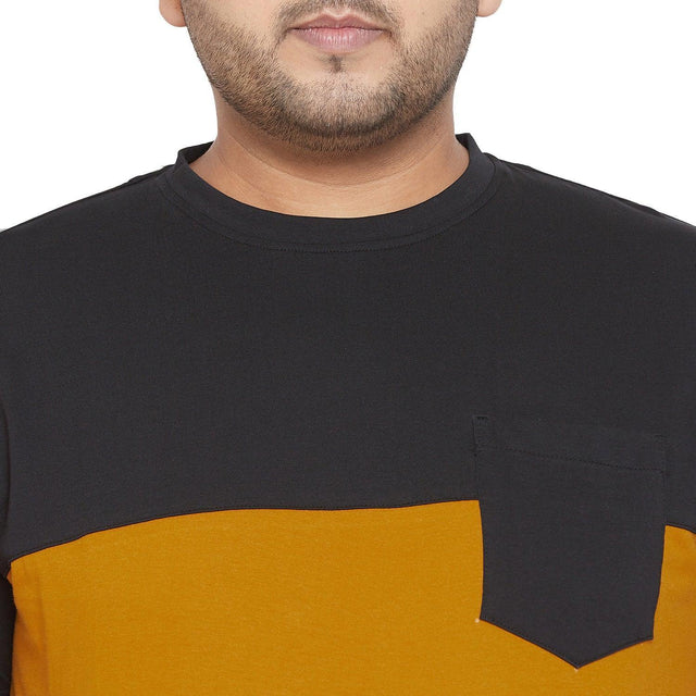 Men's plus size colorblock t-shirt with black and mustard panels and chest pocket