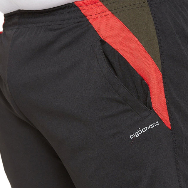 Men's plus size black jogger pants with red and olive accents and side pocket