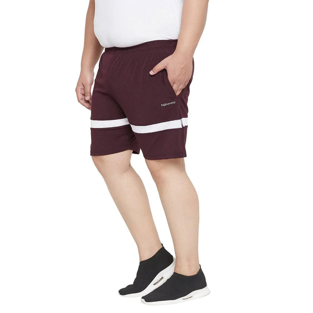 Plus size men's maroon shorts with white stripes, elastic waist, side pockets