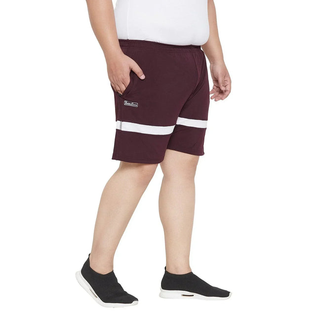 Plus size men's maroon shorts with white stripes and side pockets, casual fit