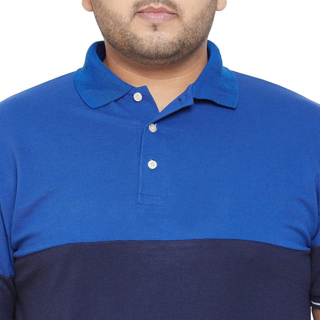 Men's plus size blue colorblocked polo t-shirt with collar and buttons, closeup view
