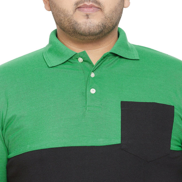 Men's plus size green polo shirt with black chest pocket and colorblock design