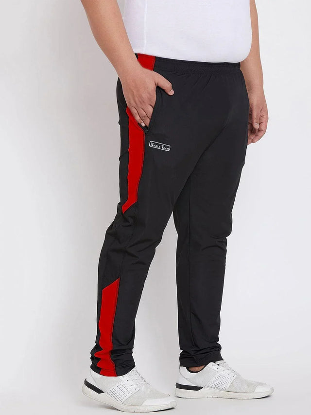 Men's plus size black joggers with red side stripes and stretch waistband