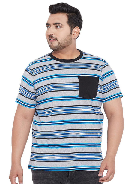 Plus size man wearing a grey and blue striped t-shirt with black pocket, front view